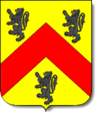 A yellow shield with a red chevron between three black lions.